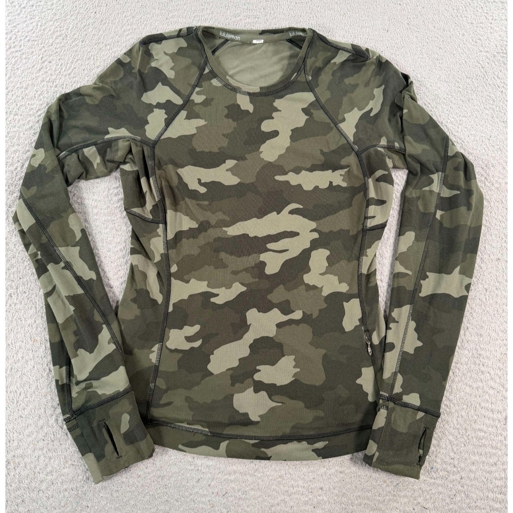Lululemon It's Rulu‎ Run Shirt Women's 6 Green Camouflage Long Sleeve Thumbholes